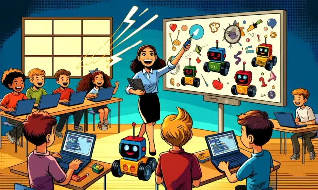 Maestra entusiasta lidera clase de robótica, fomentando la **innovación en el aula** con niños programando laptops y robots coloridos.