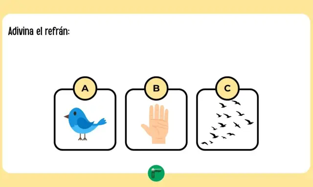 Adivina el refrán: Ejercicios refranes para imprimir. Opción A: pájaro azul. Opción B: mano abierta. Opción C: bandada de pájaros.