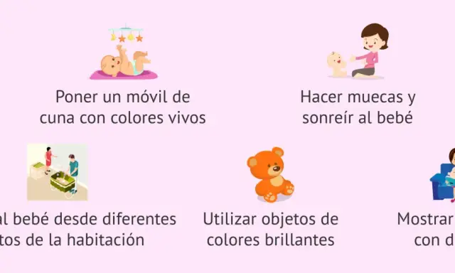 Ilustraciones muestran cómo estimular a los bebés cuando empiezan a ver: móvil, sonrisas, objetos brillantes, cuentos y llamadas.