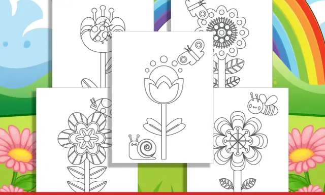 Páginas para colorear de flores de primavera con mariposas, abejas y caracoles.