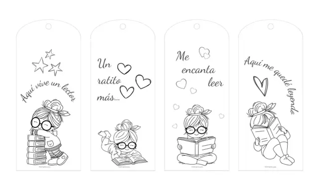 Marcapáginas para colorear con niñas lectoras y frases sobre libros. ¡Perfectos para amantes de la lectura!