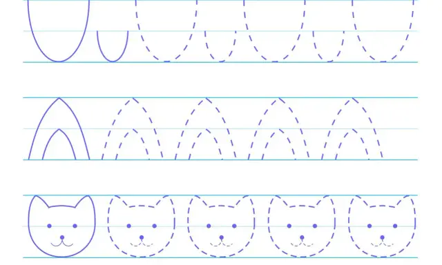 Actividades para imprimir con líneas rectas y curvas: traza arcos y caritas de gato.