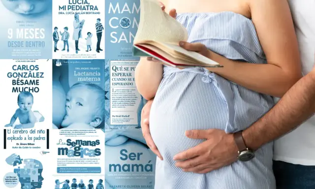 Una mujer embarazada lee un libro, con su pareja abrazándola. Alrededor, portadas de libros sobre embarazo y crianza, incluyendo "Bésame mucho" para un bebé de 1 semana.
