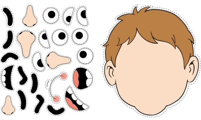 Piezas para imprimir de partes de la cara infantil: ojos, narices, bocas y mejillas para crear personajes.
