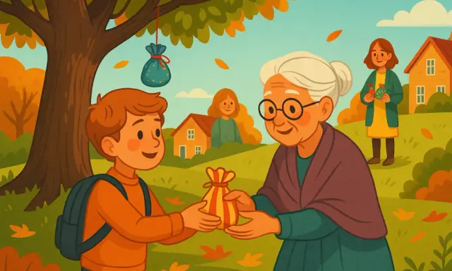 Un niño entrega una bolsa a una anciana, un ejemplo de cuentos sobre compartir. En el fondo, otras personas y casas.