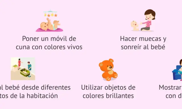 Estimula a un bebé de 4 meses con móviles, sonrisas, objetos brillantes y cuentos.