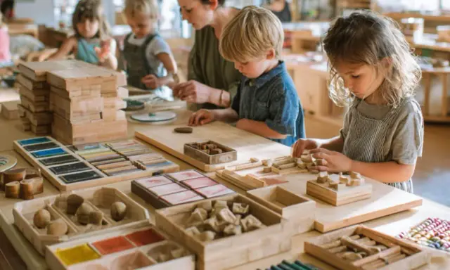 Niños concentrados en actividades de construcción y arte, siguiendo el método Steiner. Materiales didácticos de madera y colores organizados en bandejas.