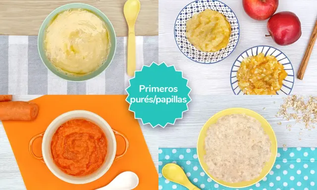 Primeros purés para un bebé de 1 mes: zanahoria, manzana y avena.