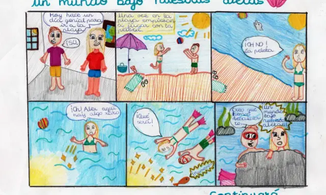 Viñetas de 6 comics fáciles: dos niños van a la playa, pierden la pelota en el mar y descubren un mundo bajo el agua.