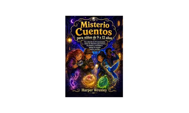 Ilustración de portada de libros de misterio para niños de 10 a 12 años. Cuatro jóvenes detectives investigan pistas brillantes en una calle nocturna.