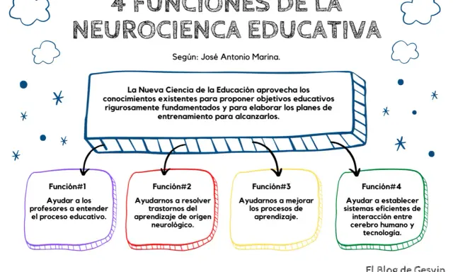 Las 4 funciones de la neurociencia educativa: ayudar a profesores, resolver trastornos, mejorar aprendizaje y conectar cerebro-tecnología.