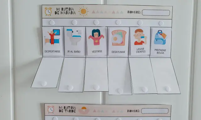 Tableros para organizar las actividades de la vida cotidiana: "Mi Rutina de Mañana" y "Mi Rutina de Tarde", con imágenes ilustrativas.