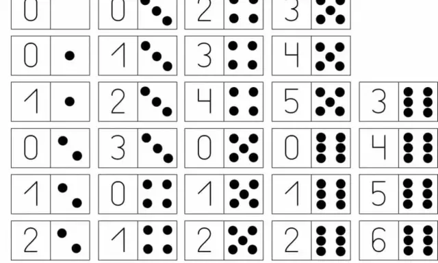 Plantilla domino con fichas de 0 a 6 puntos.