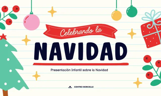 Ilustración festiva con árbol de Navidad, regalos y adornos. Ideas para portadas de Navidad fáciles y divertidas.