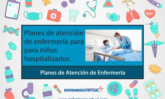 Un niño en cama de hospital recibe atención de una enfermera. El aprendizaje perceptivo de los planes de atención de enfermería para niños hospitalizados se ilustra con iconos médicos.