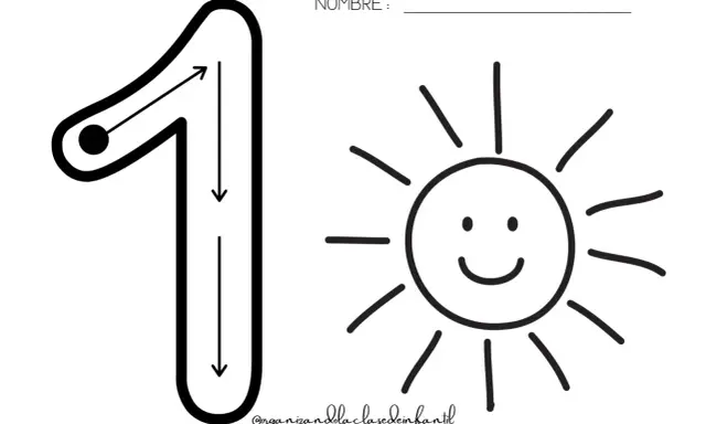 Fichas números infantil: el número 1 con flechas para trazar y un sol sonriente. Ideal para aprender a escribir el uno.