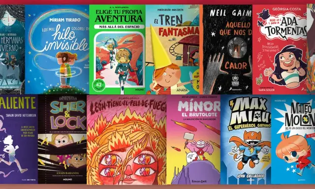 Colección de libros infantiles, ideales para niños de 9 años, con portadas coloridas y aventuras como "El hilo invisible" y "El tren fantasma".