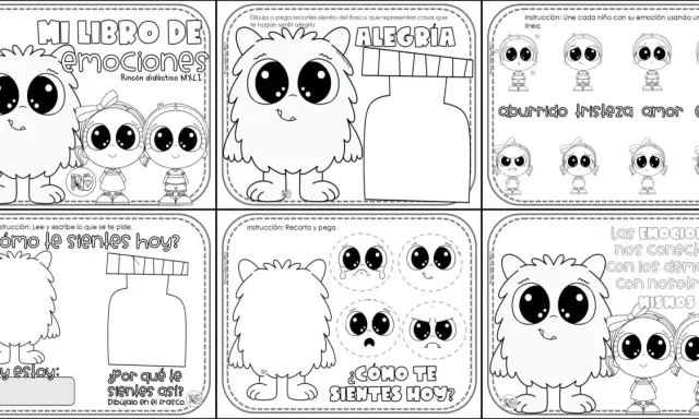 Páginas para colorear de "Mi libro de emociones" con monstruos y niños, ideales para aprender sobre caras y emociones para imprimir.