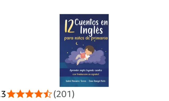 Libro "12 Cuentos en Inglés para niños de primaria", con un niño leyendo en una nube. Ideal para aprender inglés con traducción.