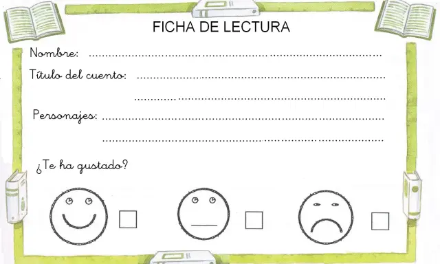 Ficha de lectura infantil para escribir nombre, título, personajes y calificar el cuento con caritas sonrientes, neutras o tristes.