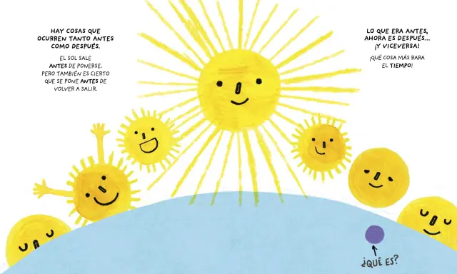Sol y lunas sonrientes, como en libros infantiles famosos, juegan con el tiempo. ¿Qué será ese punto morado?