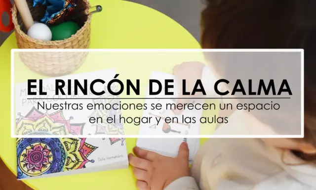 Un niño explora un rincón de la calma Montessori con tarjetas de emociones y un libro para colorear.