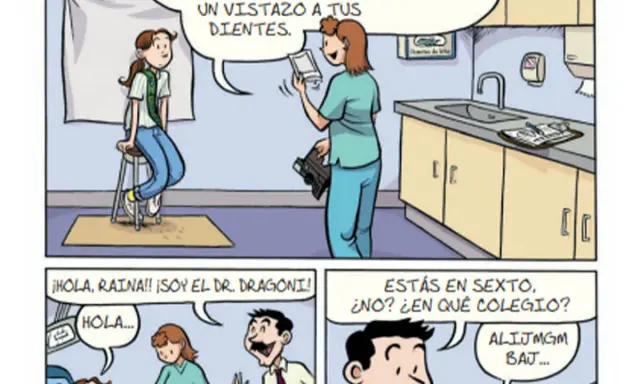 Viñetas de comics pequeños: una chica sentada en una silla, una doctora y un dentista.