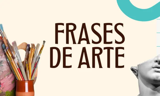 Pinceles y paleta de artista junto a un busto clásico, con el texto "Frases de Arte para niños".