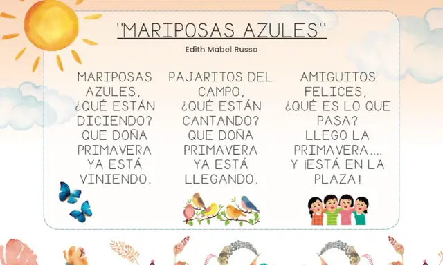 Fichas primavera infantil 5 años: mariposas, pájaros y niños celebran la llegada de la primavera.