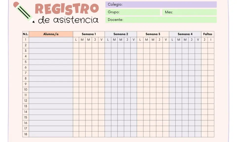 Plantilla para pasar lista infantil, lista de asistencia imprimible para colegios, con casillas para registrar la asistencia semanal de los alumnos.
