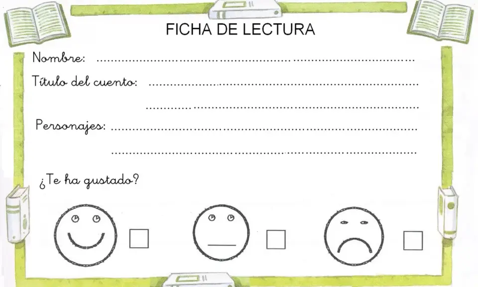 Ficha de lectura infantil para escribir nombre, título, personajes y calificar el cuento con caritas sonrientes, neutras o tristes.