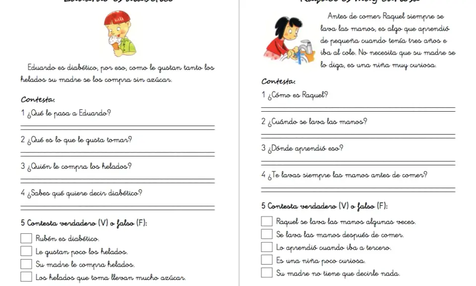 Ficha lectura 5 años: Eduardo es diabético y Raquel es muy curiosa. Ejercicios de comprensión lectora.