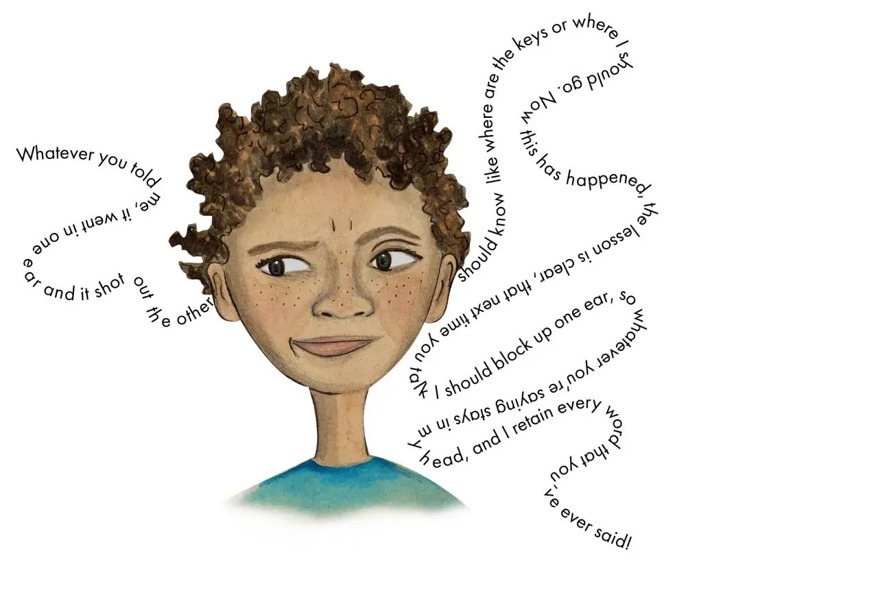 Ilustración de un niño con palabras formando un rizo alrededor de su cabeza, ideal para poemas para niños de 7 a 8 años.