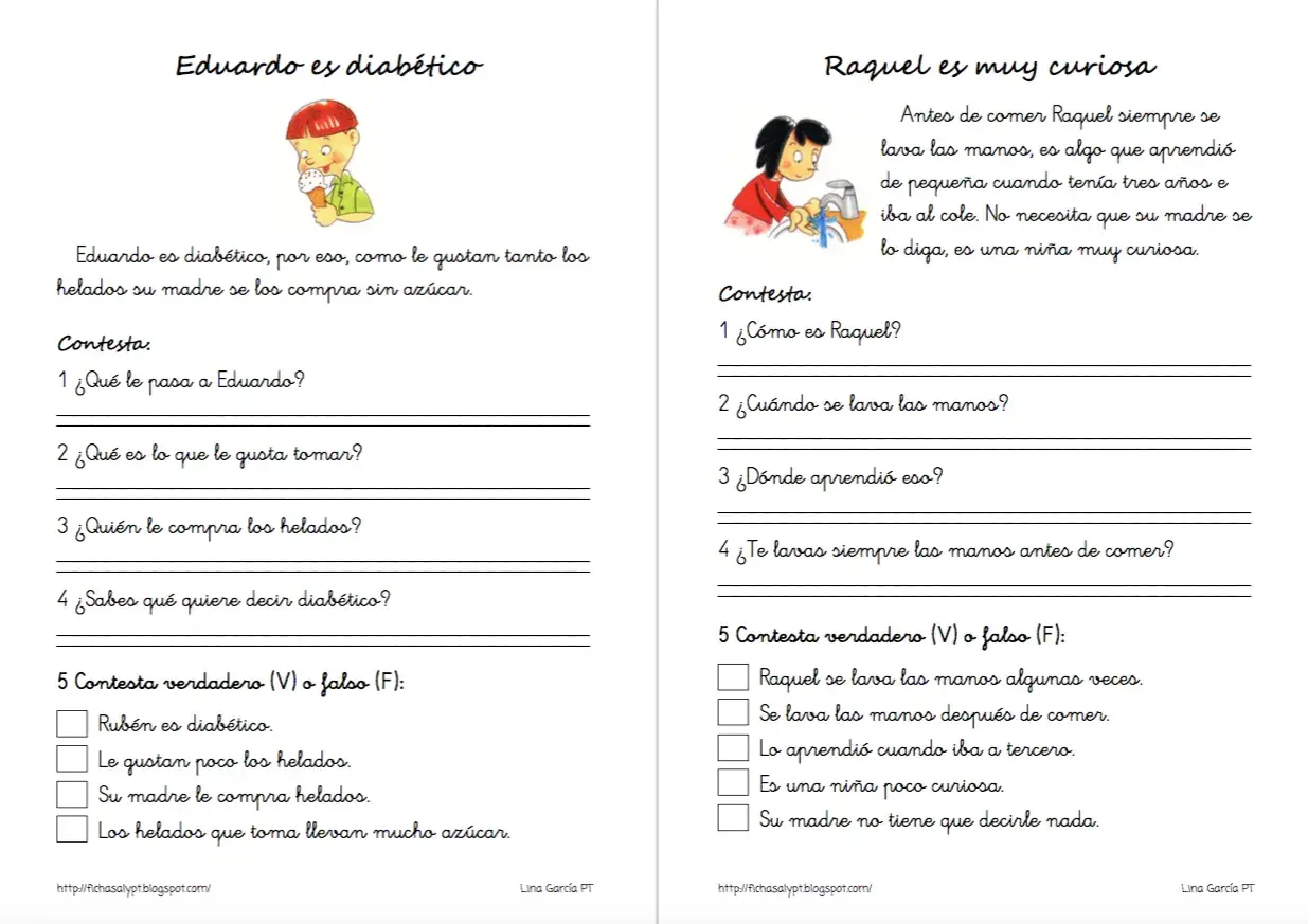 Ficha lectura 5 años: Eduardo es diabético y Raquel es muy curiosa. Ejercicios de comprensión lectora.