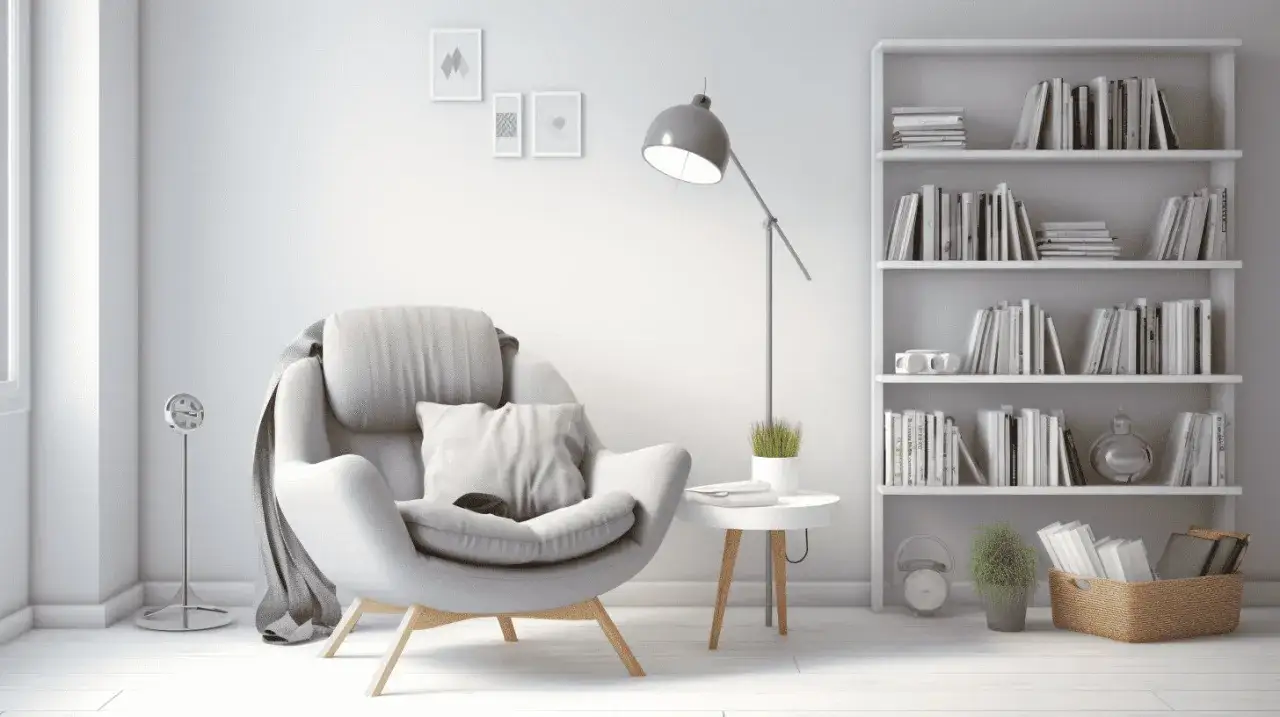 Un sillón cómodo invita a relajarse en este rincón de lectura, con una estantería llena de libros y una lámpara lista para iluminar tu próxima aventura literaria.