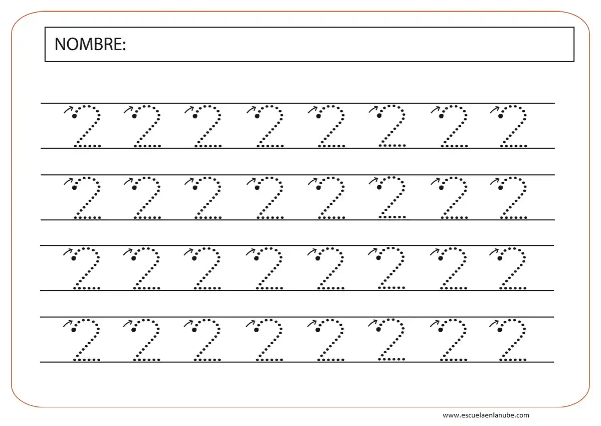 Ficha numero 2 infantil para practicar la escritura del n&uacute;mero dos. M&uacute;ltiples repeticiones punteadas con flechas indicadoras.