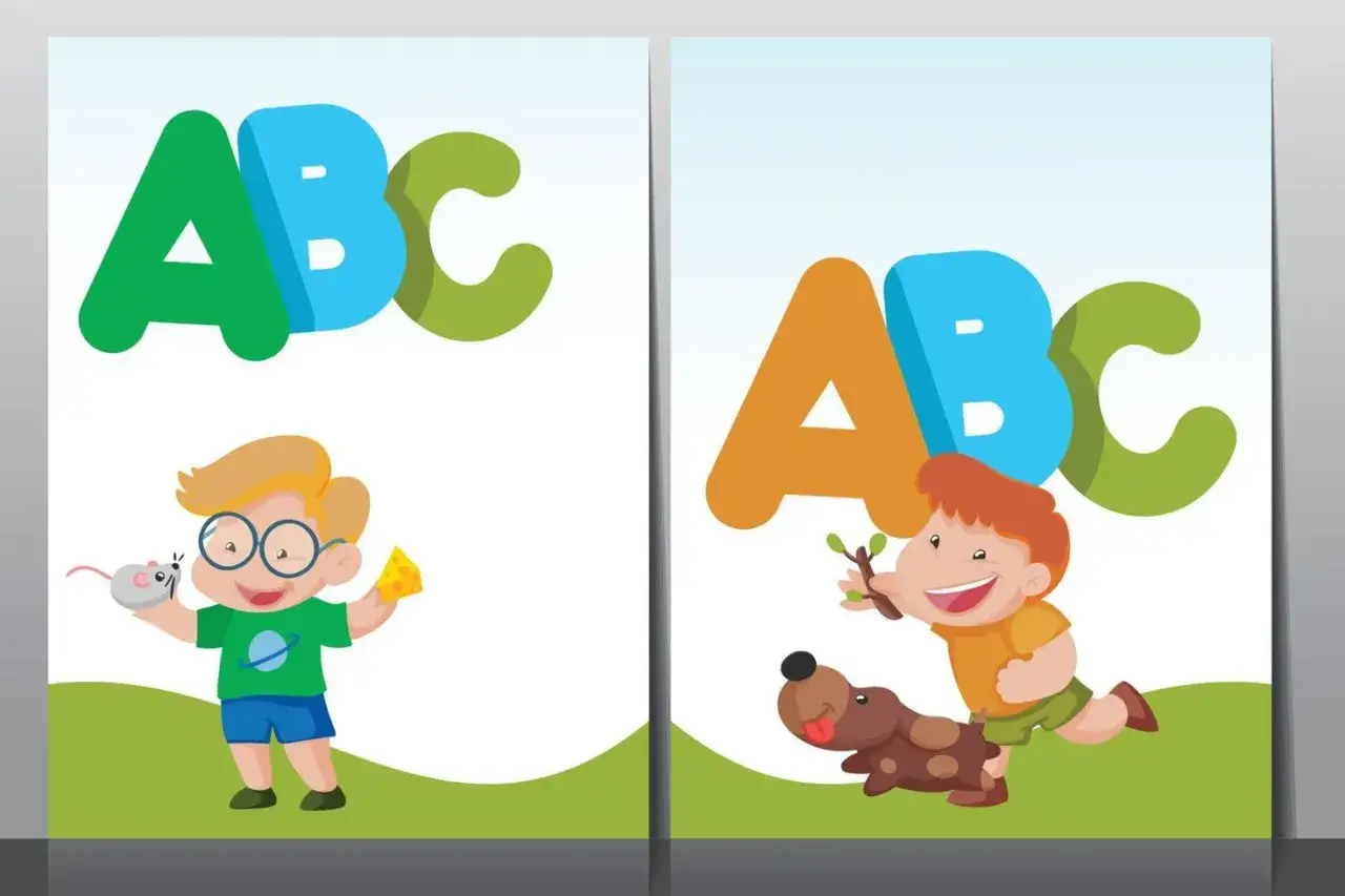 Portadas de trabajos infantiles con ni&ntilde;os, un rat&oacute;n, un perro y letras ABC.