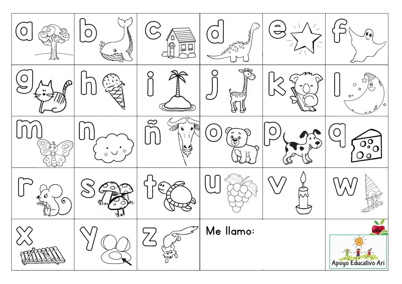 Abecedario para colorear con divertidos dibujos: &aacute;rbol, ballena, casa, dinosaurio, estrella, fantasma, gato, helado, isla, jirafa, koala, luna, mariposa, nube, &ntilde;u, oso, perro, queso, rat&oacute;n, setas, tortuga, uvas, vela, windsurf, xil&oacute;fono, huevos, zorro.