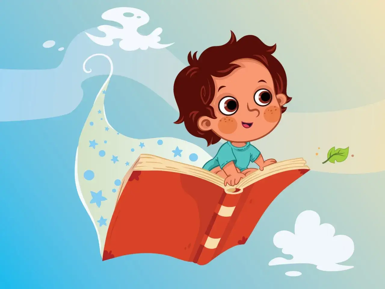 Un niño vuela en un libro abierto, imaginando poemas para niños de 8 a 9 años. Nubes y estrellas lo acompañan en su viaje literario.