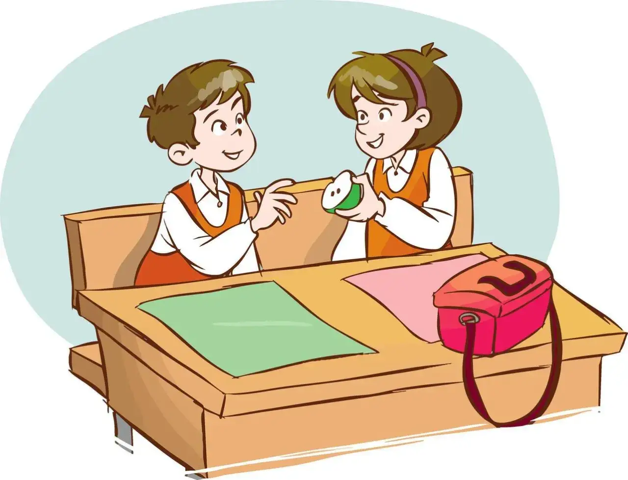Dos ni&ntilde;os comparten una manzana en clase, un ejemplo de las frases de amistad para ni&ntilde;os.