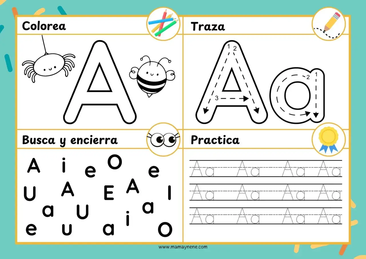 Fichas de lectoescritura para practicar la letra A: colorear, trazar, buscar y encerrar, y practicar la escritura.