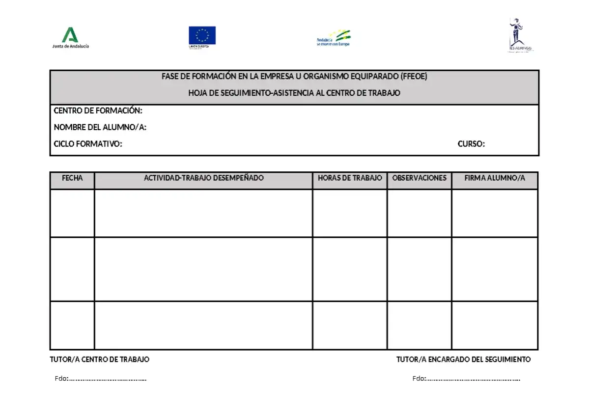 Hoja de seguimiento para la evaluaci&oacute;n en casa de la fase de formaci&oacute;n en empresa. Incluye campos para centro, alumno, ciclo, curso, fecha, actividad, horas, observaciones y firmas.