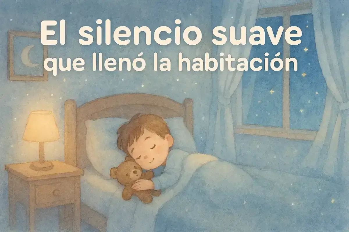 Un ni&ntilde;o duerme pl&aacute;cidamente abrazado a su osito, rodeado de la paz de cuentos relajantes para ni&ntilde;os. La noche estrellada entra por la ventana.