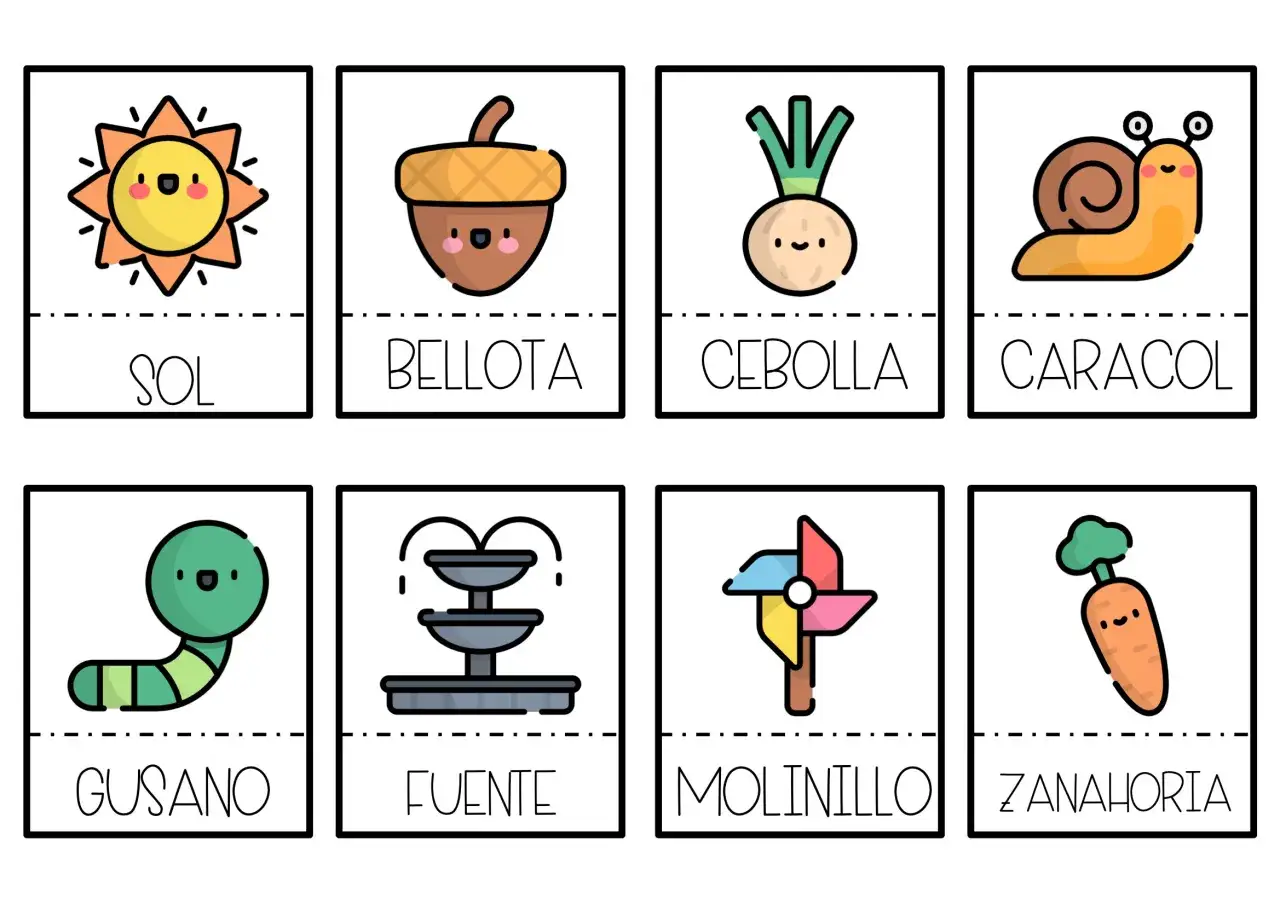 Fichas primavera infantil 5 años: sol, bellota, cebolla, caracol, gusano, fuente, molinillo y zanahoria.
