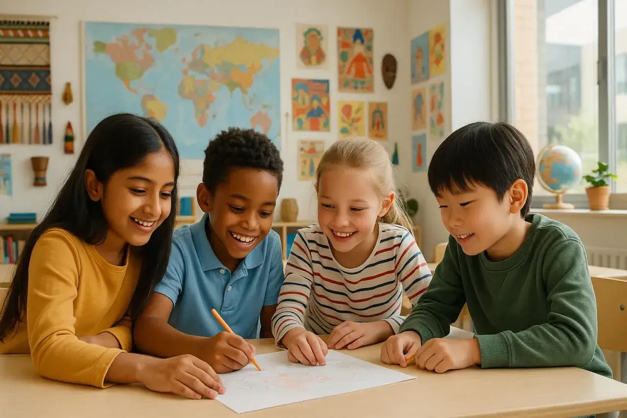 Niños sonriendo y dibujando juntos. El maestro usa frases enseñar para guiarlos en su trabajo escolar.
