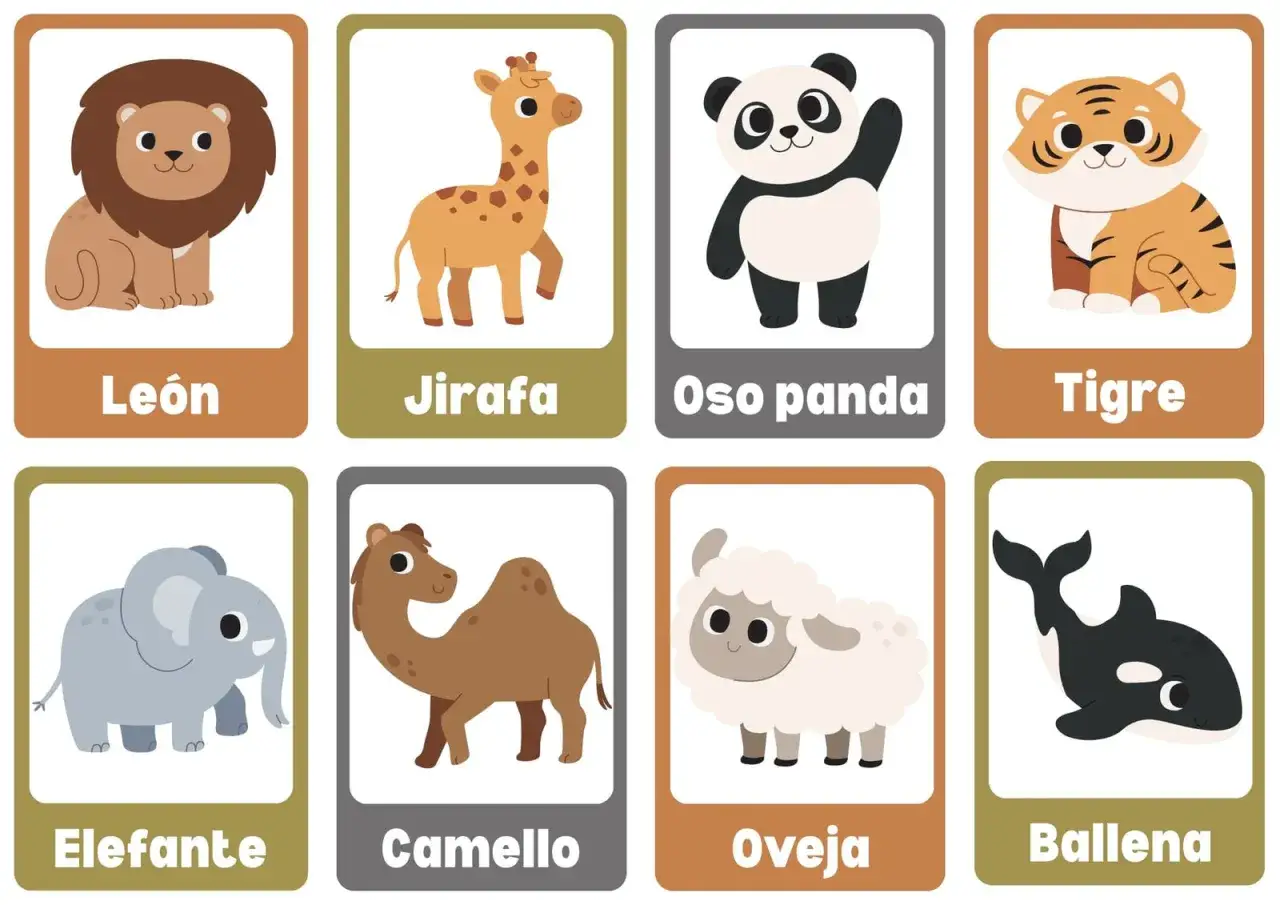Colecci&oacute;n de fichas de animales para imprimir: le&oacute;n, jirafa, oso panda, tigre, elefante, camello, oveja y ballena.