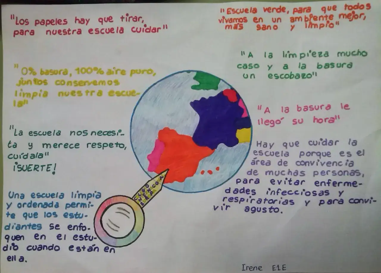 Un dibujo con un eslogan del medio ambiente para ni&ntilde;os. Muestra un planeta Tierra y mensajes sobre la limpieza escolar.