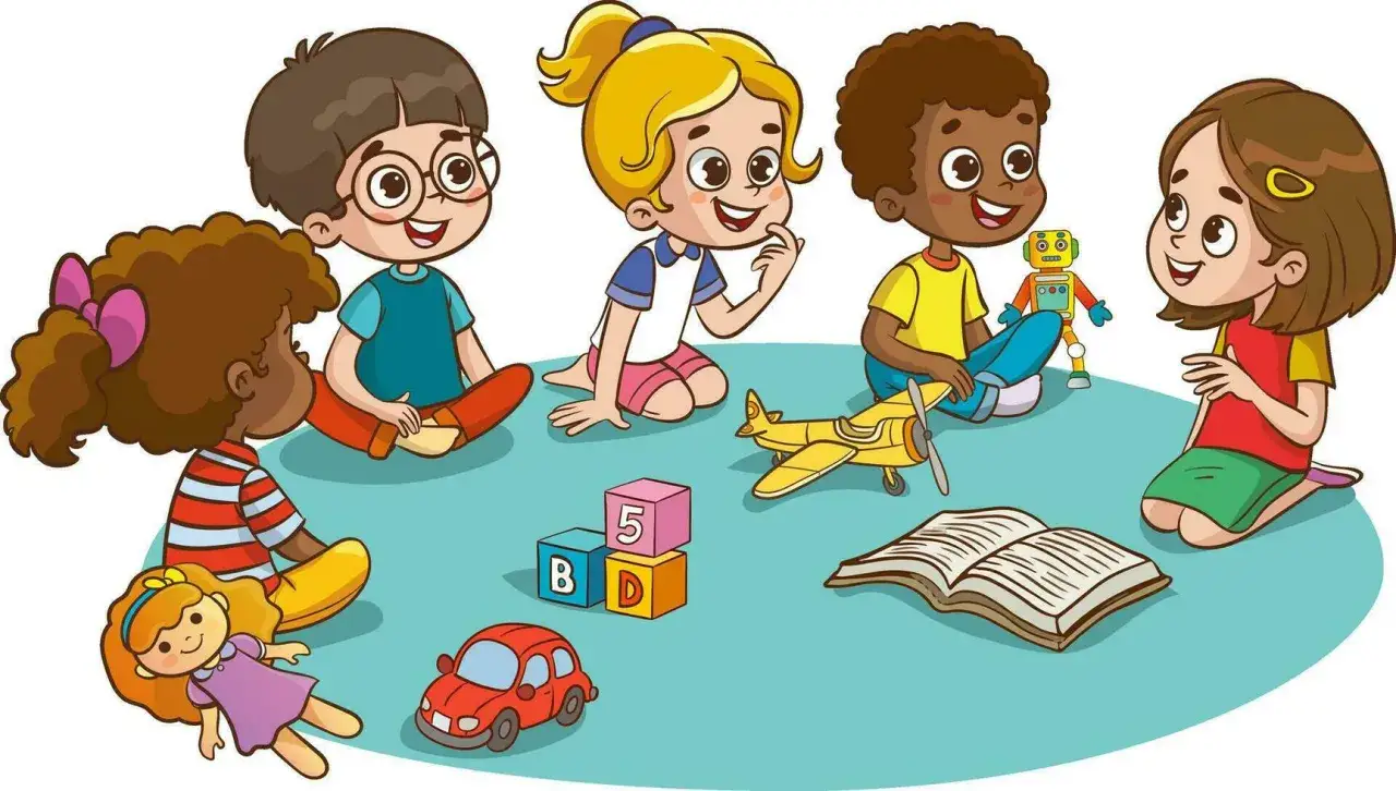 Ni&ntilde;os diversos jugando con juguetes: bloques, coche, avi&oacute;n, robot, mu&ntilde;eca y libro. Inspirador para frases sobre ni&ntilde;os.