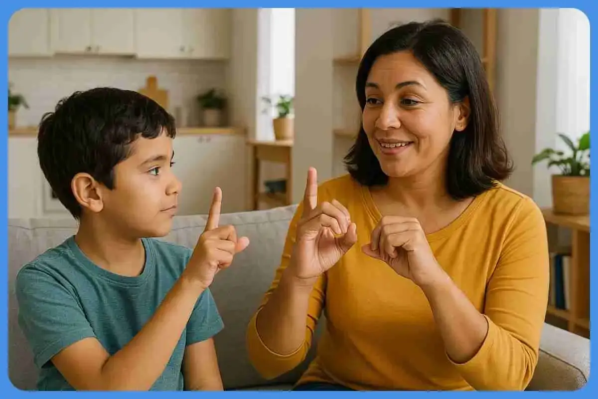 Madre e hijo practican lenguaje bimodal en casa, comunic&aacute;ndose con gestos y expresiones faciales.