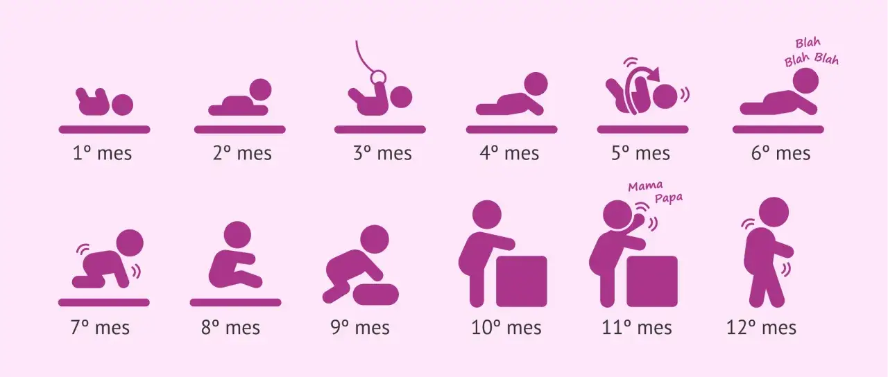Evoluci&oacute;n de un beb&eacute; mes a mes: desde el primer mes, boca abajo, hasta el a&ntilde;o, dando sus primeros pasos.